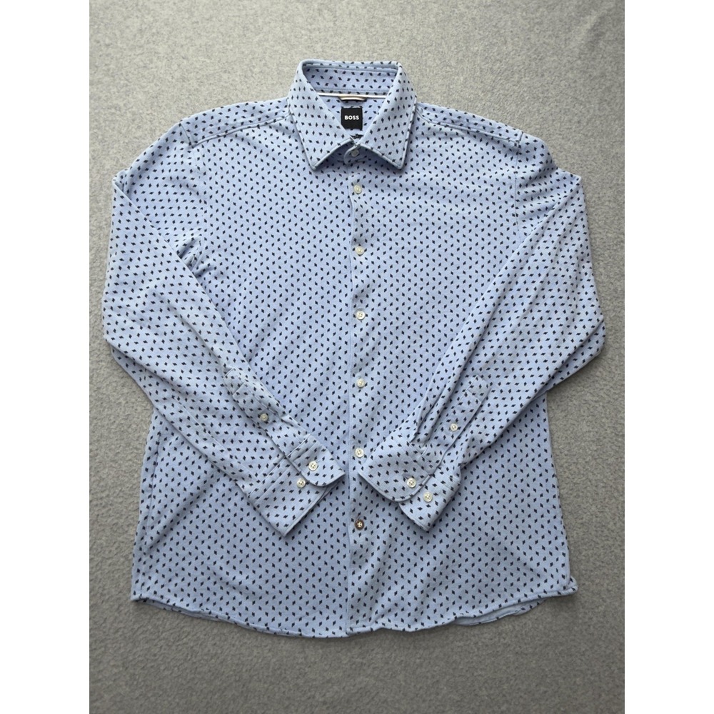 Boss Shirt Mens‎ Large Blue Geometric Cotton Casual Fit Button Front Long Sleeve